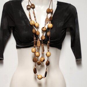 Large Wood Inspired Earthtone Beaded Long Statement Necklace